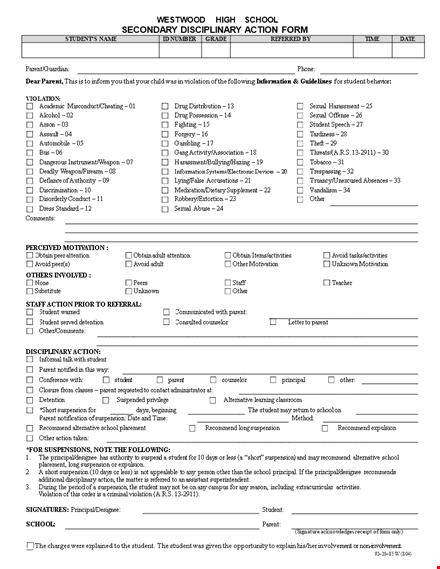 secondary disciplinary action form template