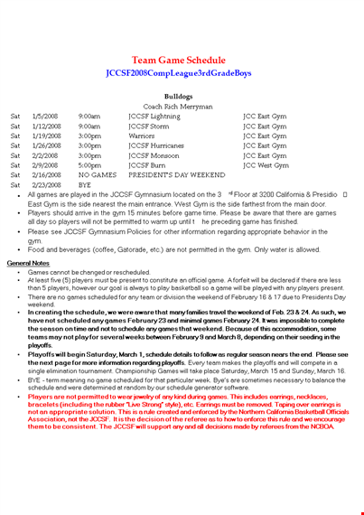 game schedule template