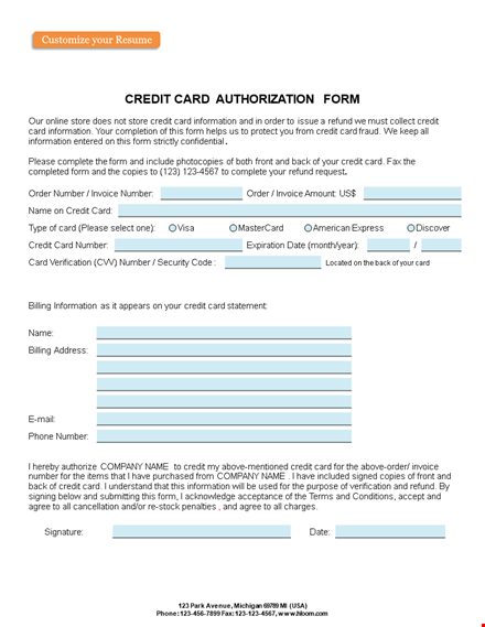 credit card authorization form template