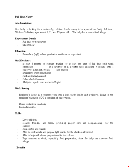 full time nanny job description, employer, contact, children template