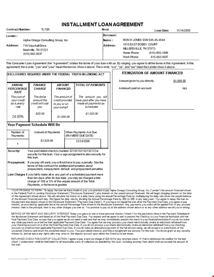 personal installment loan agreement template template