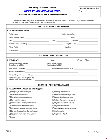 efficient root cause analysis template for patient events and causes template