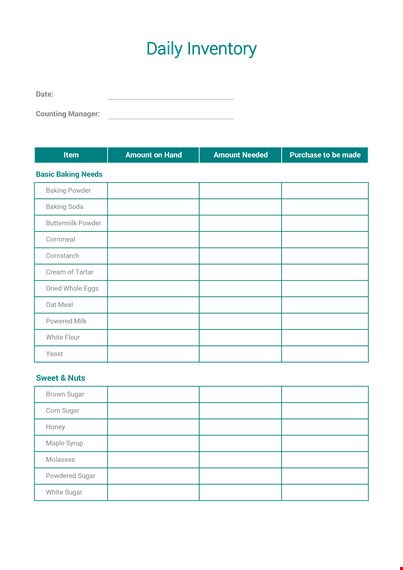 daily inventory template - manage amount, sugar, white baking powder template