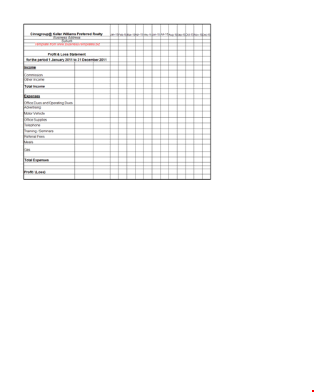 profit and loss statement: calculate expenses, office costs, total income, and profit template