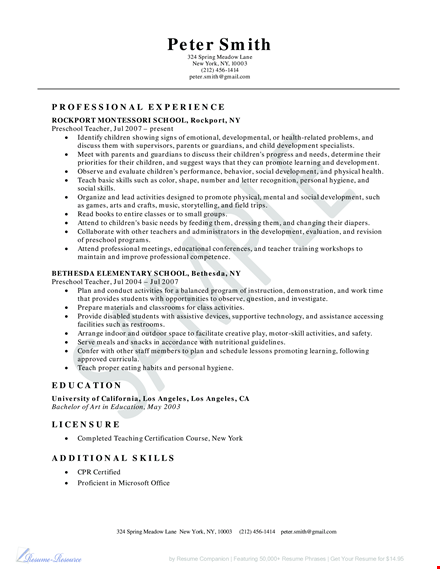 sample montessori preschool teacher resume template