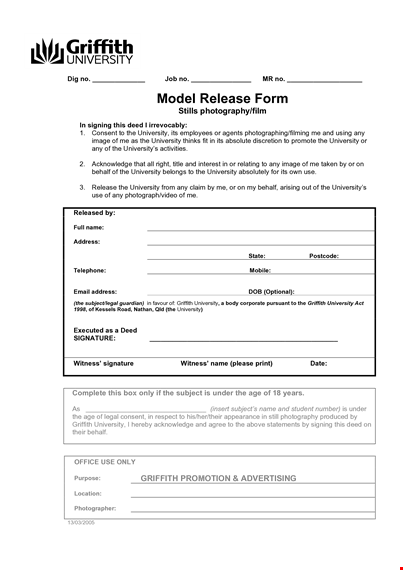 film model release form template template