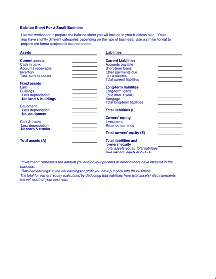 small business balance sheet template template