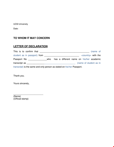 create a formal declaration letter for student with passport and transcript template
