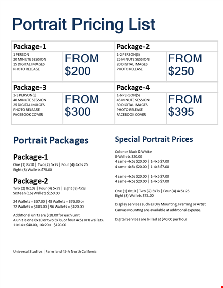 create professional price lists with our digital template - packages & wallets included template