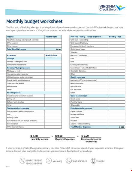 monthly budget work sheet template template