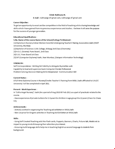 pre primary teacher resume format template