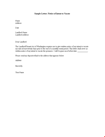 intent to vacate letter template - notice to landlord | address | vacate template