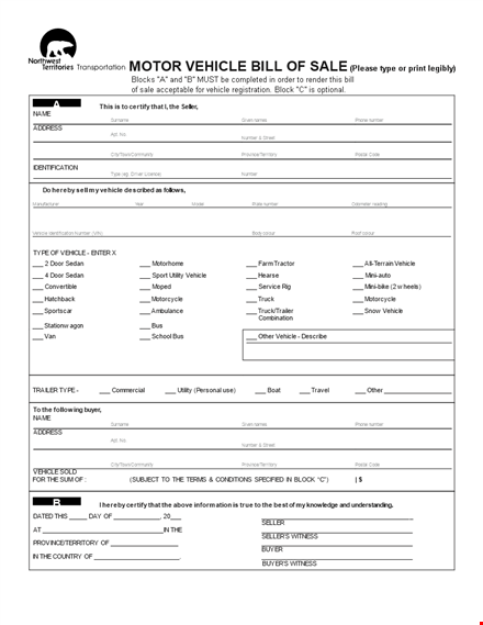 motor vehicle bill of sale template template