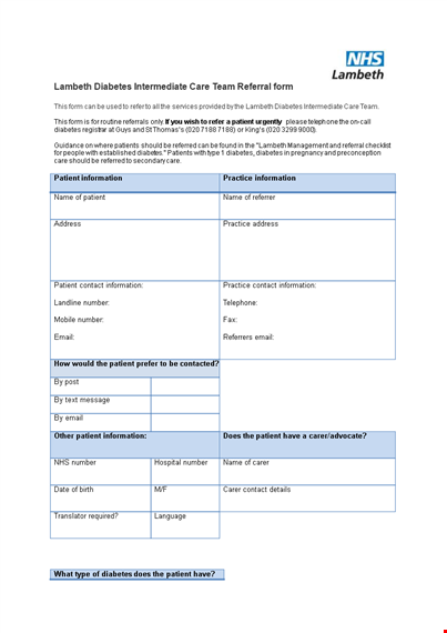 referral form template for patients with diabetes - request and share information template