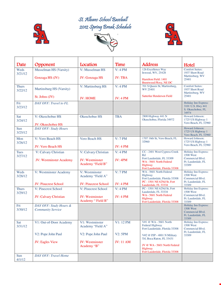 spring break schedule template template