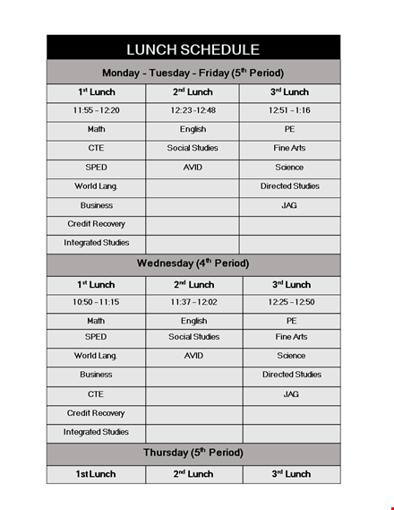 lunch schedule sample template