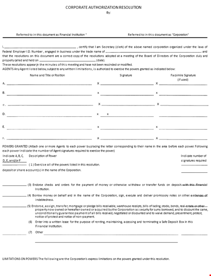 Financial Corporate Resolution Form for Signature by Institutions and ...