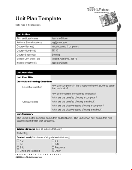 unit plan template for student learning with computers and textbooks template