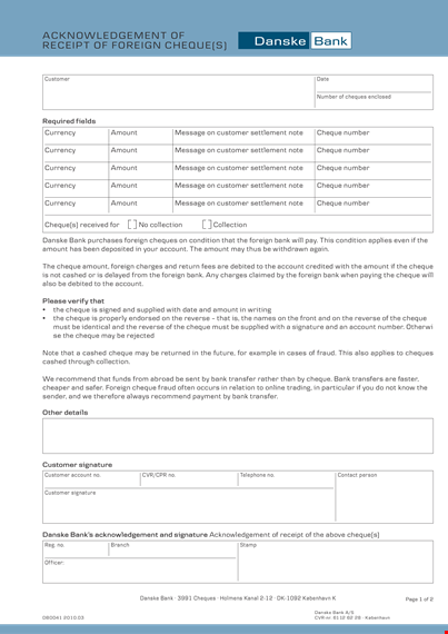 cheque acknowledgement template