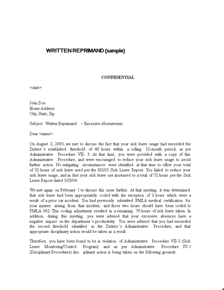 letter of reprimand and employee leave - manage hours and usage template