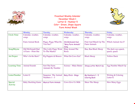 preschool weekly calendar template template