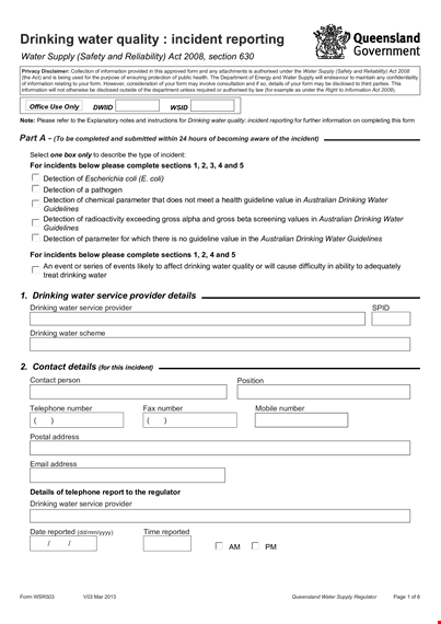 drinking water quality incident report template