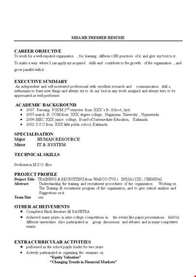 hr fresher resume sample template