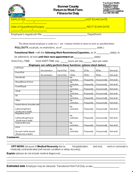 return to work form - restriction frequently template