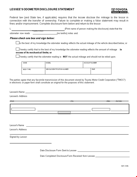 complete your odometer disclosure statement with ease - lessor and lessee mileage disclosure template