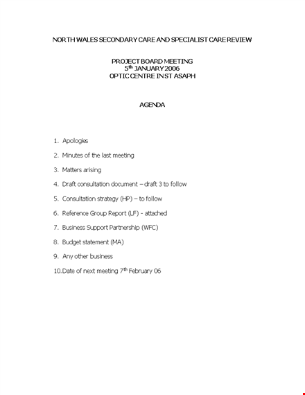 project board agenda template template