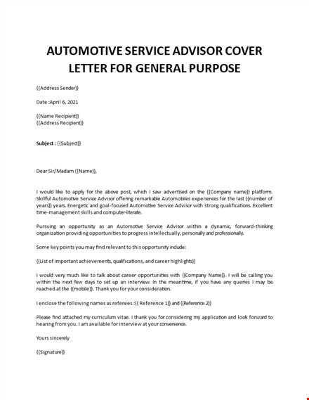 cover letter service advisor