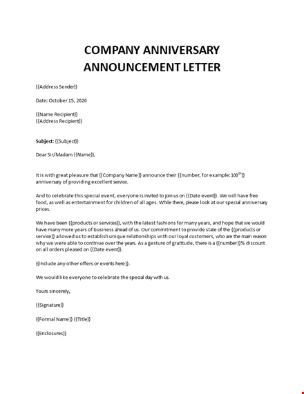 Company Anniversary Announcement Invitation Letter